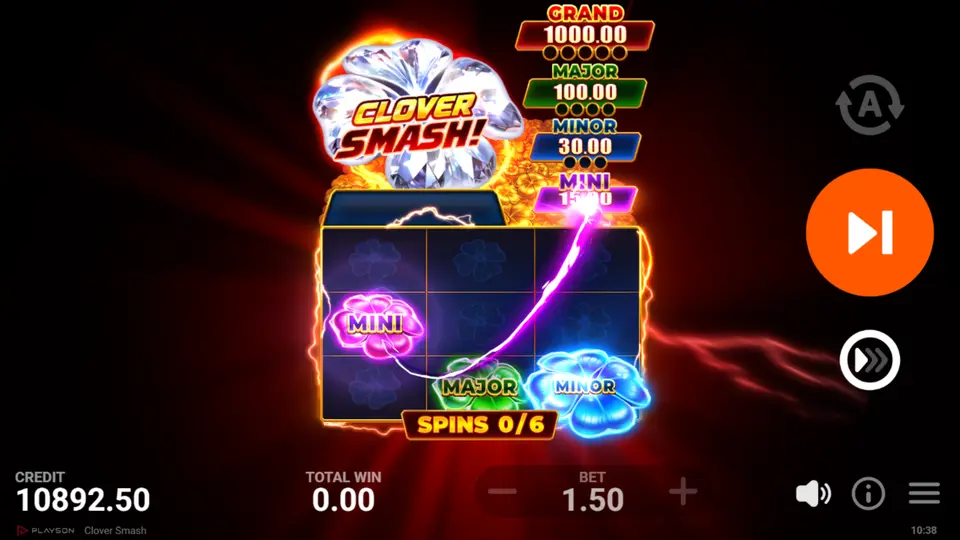 Clover Smash free spins retrigger with cash value clover symbols on adjacent reels