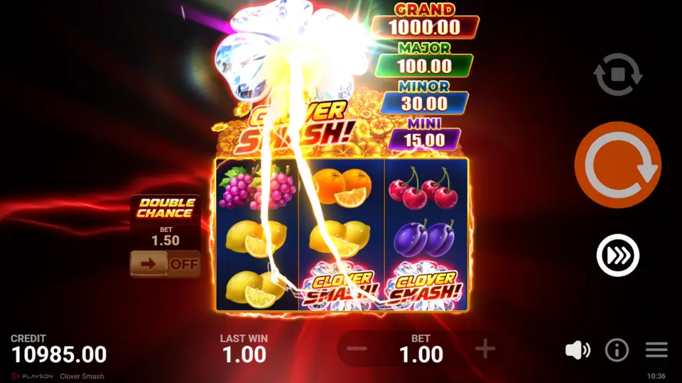 Clover Smash slot free spins screen showing four jackpot progress bars